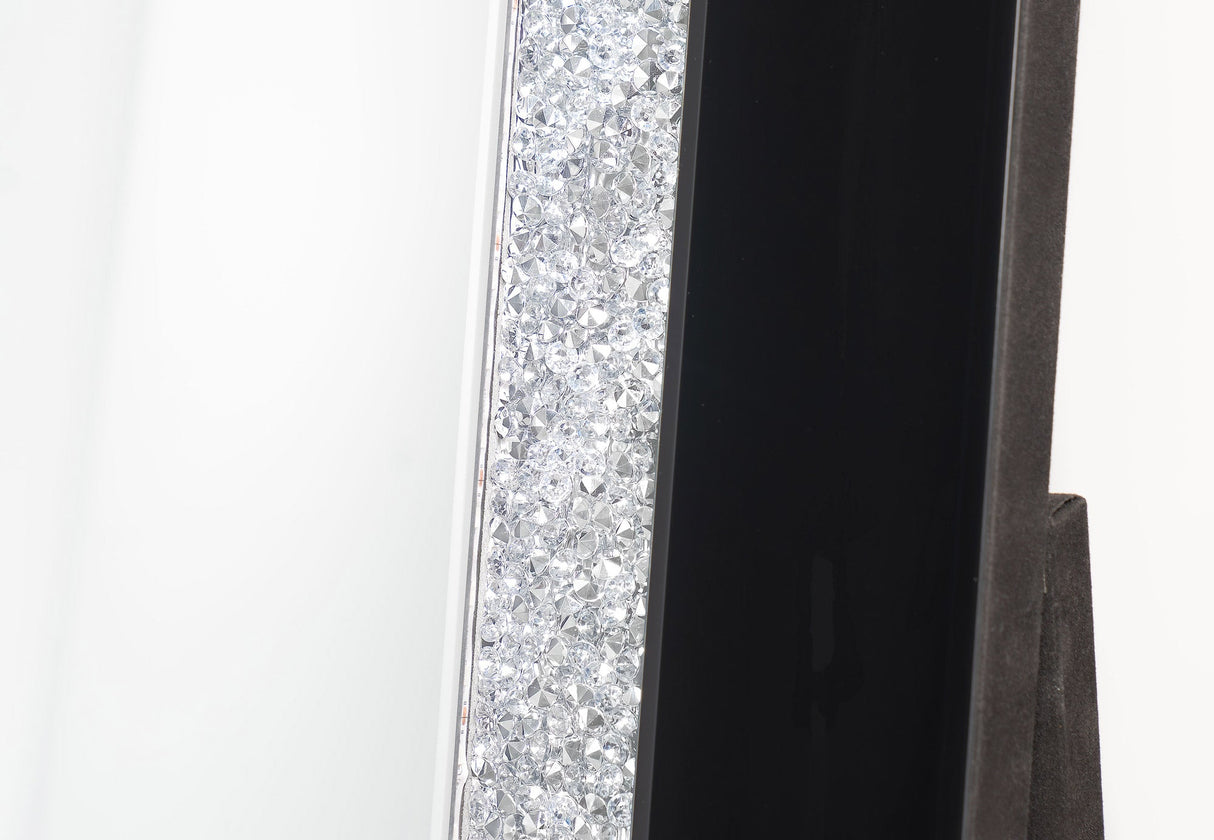 Close-up detail of crystal border and blue LED lighting on Nexus floor mirror