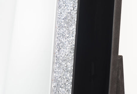 Close-up detail of crystal border and blue LED lighting on Nexus floor mirror