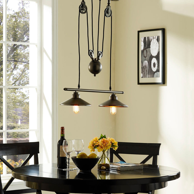 Innovateous Ceiling Fixture with Pulley System & Studded Trim Plate - Industrial Polished Steel Pendant
