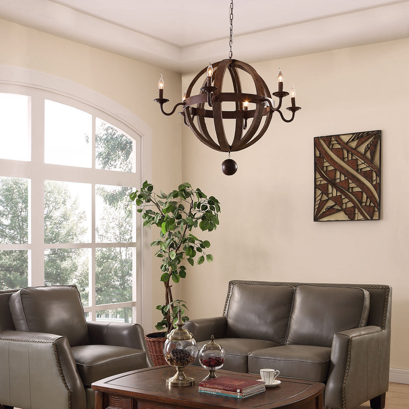 Catapult Chandelier with Distressed Solid Hardwood & Steel Frame - Rustic Industrial 6-Light Ceiling Fixture