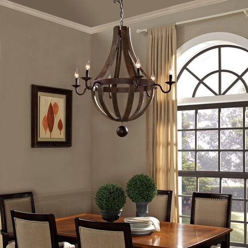 Ballista Chandelier with Distressed Solid Hardwood & Steel Frame - Rustic Industrial 6-Light in Antique Brass