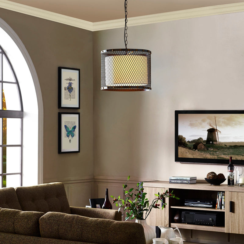 Fortune Chandelier with Steel Mesh Casing & Cream Fabric Drum Shade - Rustic Industrial in Antique Silver