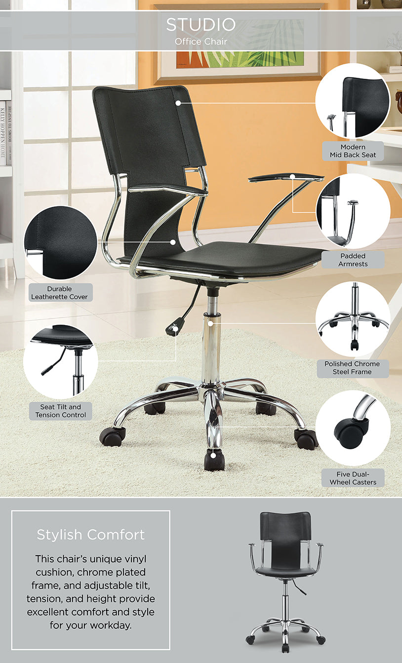 Studio Office Chair with Sling Back & Chrome-Plated Steel Frame - Modern Adjustable Height in White Vinyl dimensions