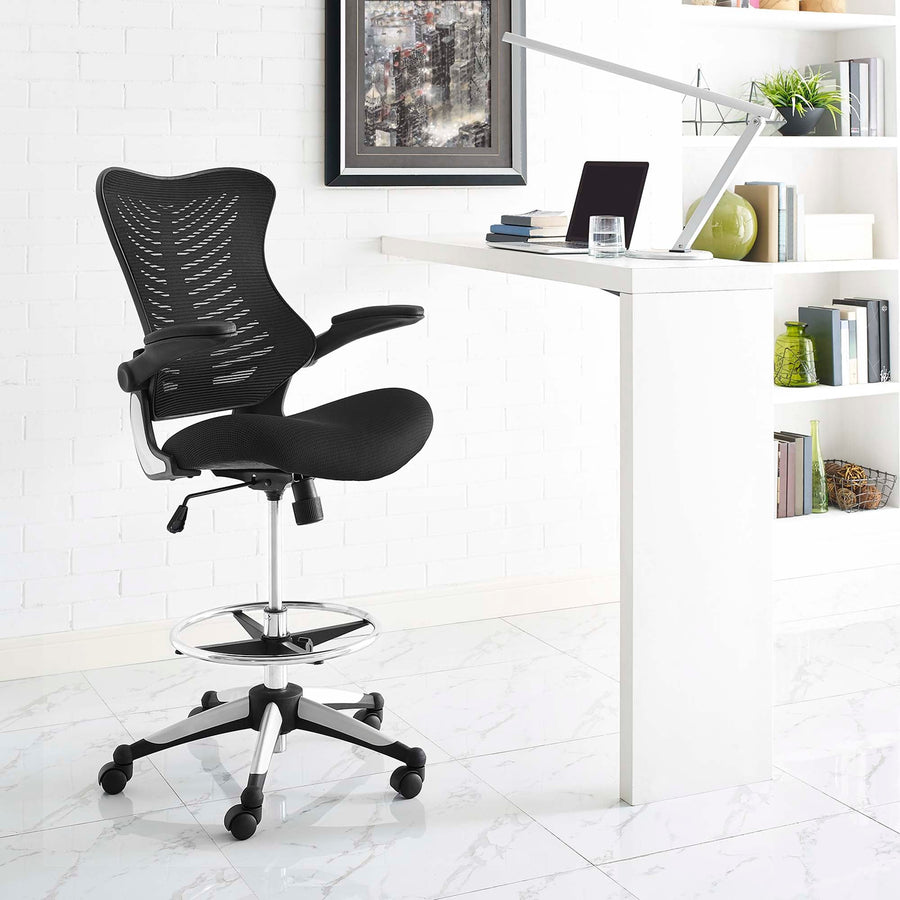 Charge Drafting Chair with Butterfly Ribbed Mesh Seat & Steel Foot Ring - Ergonomic Tall Office Stool in Black