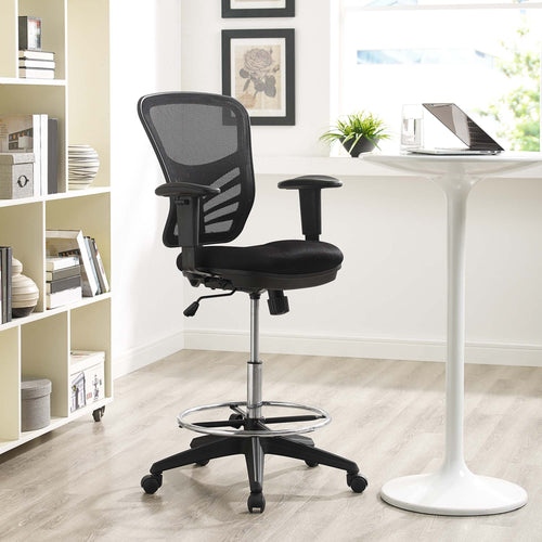 Articulate Drafting Chair with Breathable Mesh Back & Chrome Foot Ring - Ergonomic Tall Office Stool in Black