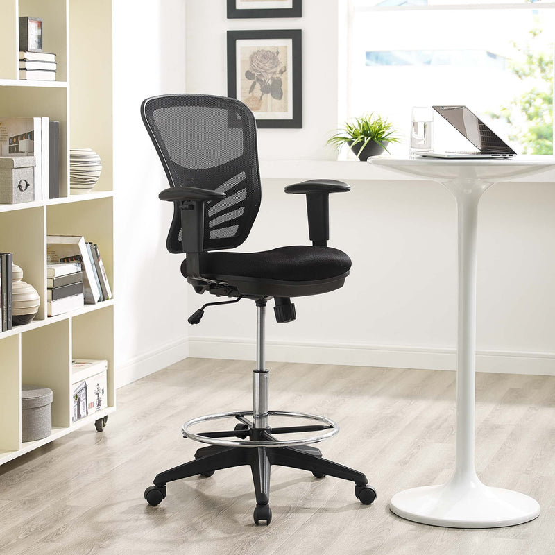 Articulate Drafting Chair with Breathable Mesh Back & Chrome Foot Ring - Ergonomic Tall Office Stool in Black