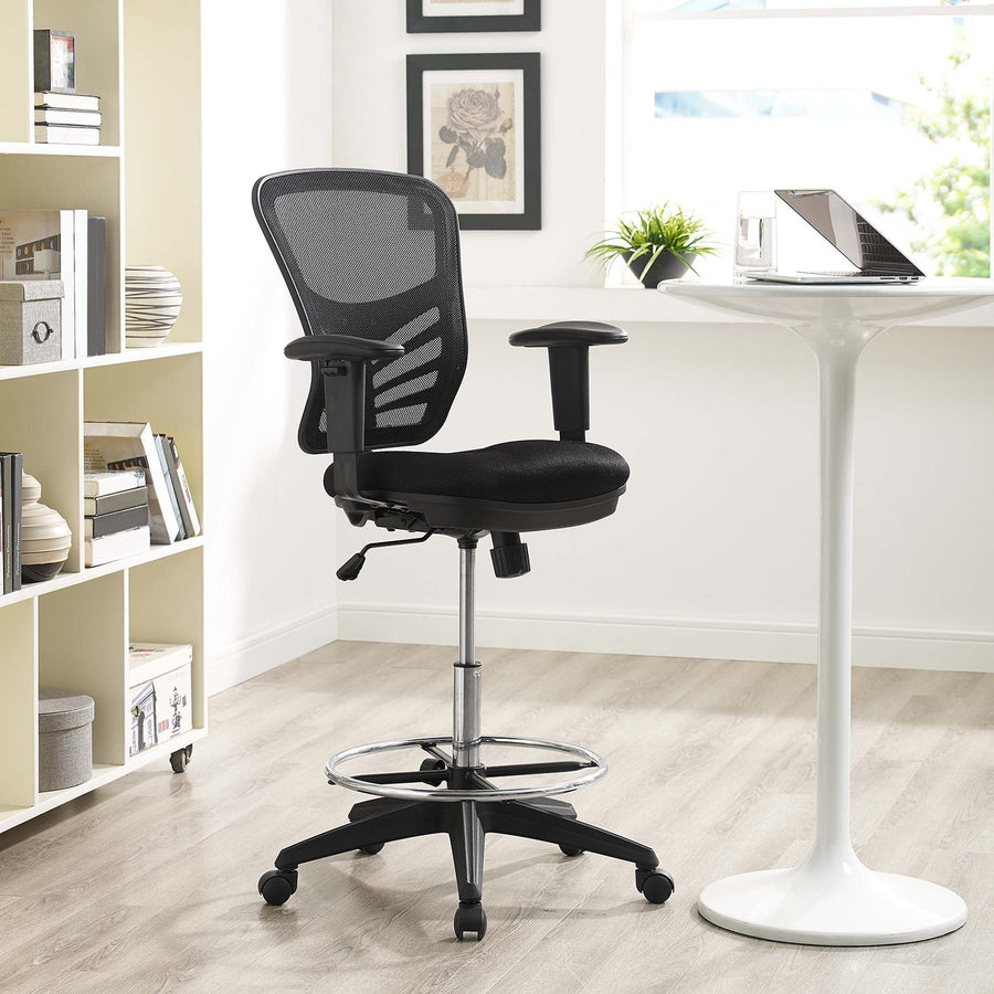 Articulate Drafting Chair with Breathable Mesh Back & Chrome Foot Ring - Ergonomic Tall Office Stool in Black