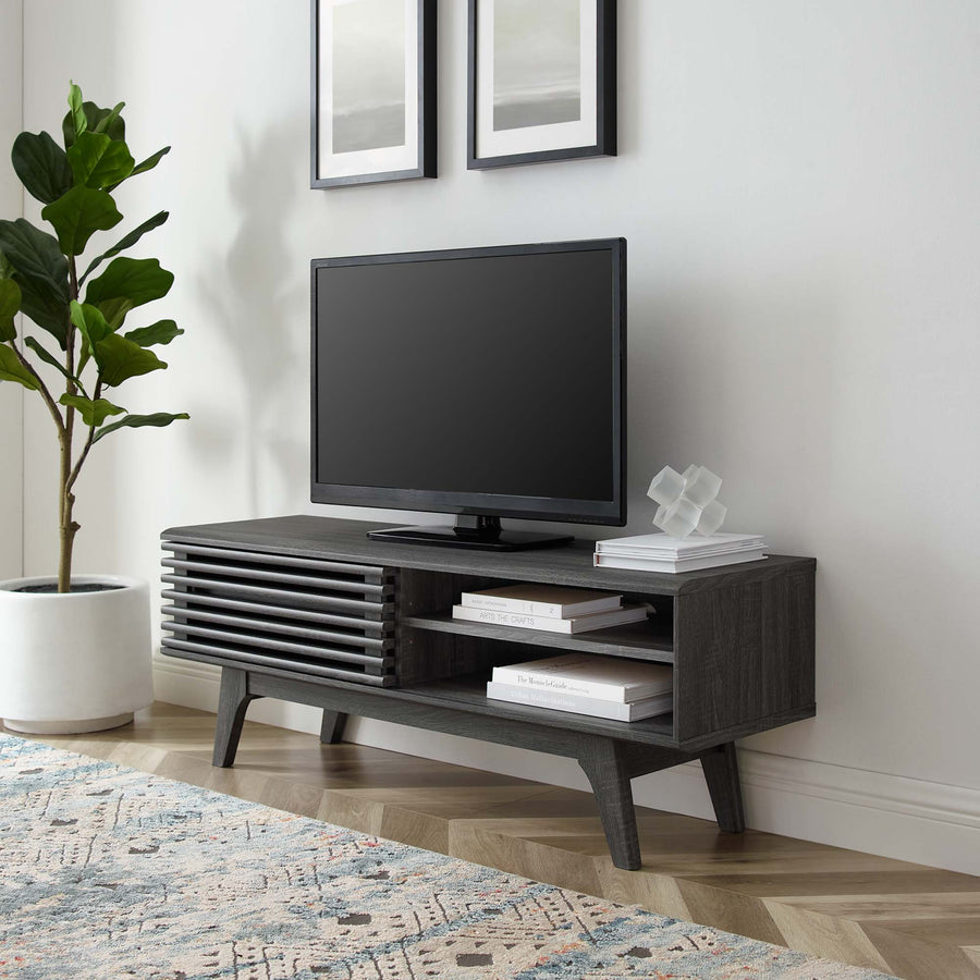 Render TV Stand with Slatted Sliding Door & Tapered Wood Legs - Mid-Century Modern Media Console