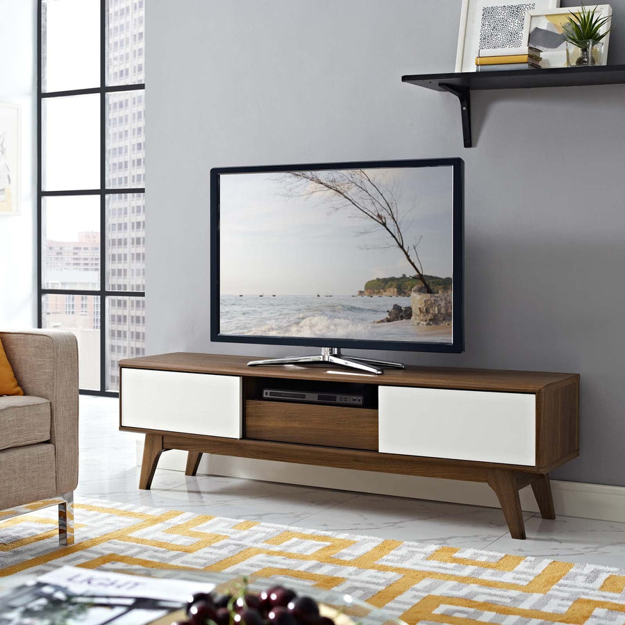 Envision TV Stand with Sliding Doors & Cable Management Drawer - Mid-Century Modern Walnut & White
