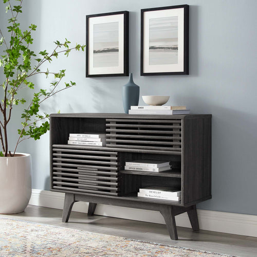 Render Display Stand with Dual Slatted Sliding Doors & Adjustable Shelf - Mid-Century Modern Cabinet
