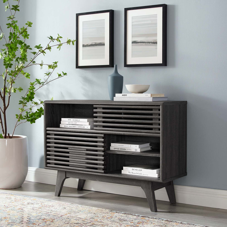 Render Display Stand with Dual Slatted Sliding Doors & Adjustable Shelf - Mid-Century Modern Cabinet