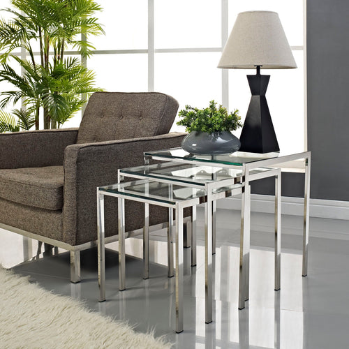 Nimble Nesting Table Set of 3 with Tempered Glass Tops - Minimalist Modern Stainless Steel Frame