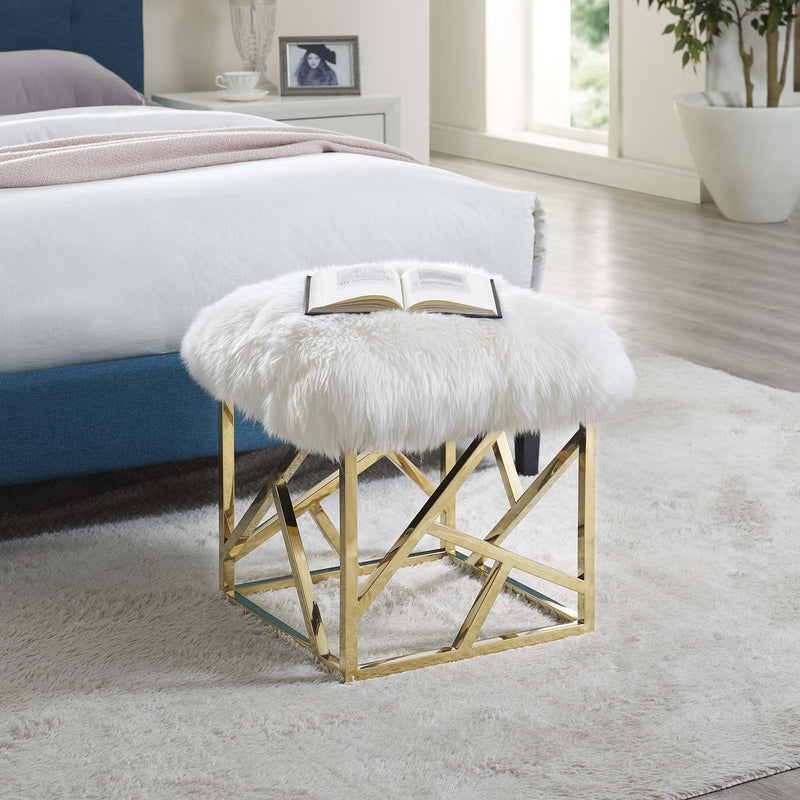 Intersperse Sheepskin Ottoman with Polished Gold Stainless Steel Base - Modern Glam in White Sheepskin