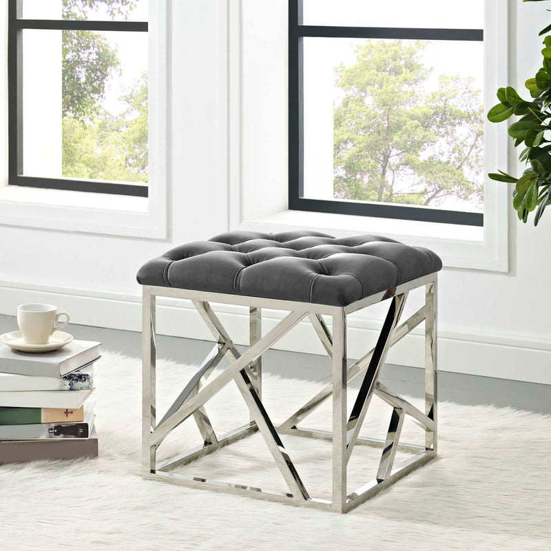 Intersperse Tufted Velvet Ottoman with Polished Stainless Steel Base - Modern Button-Tufted Footstool