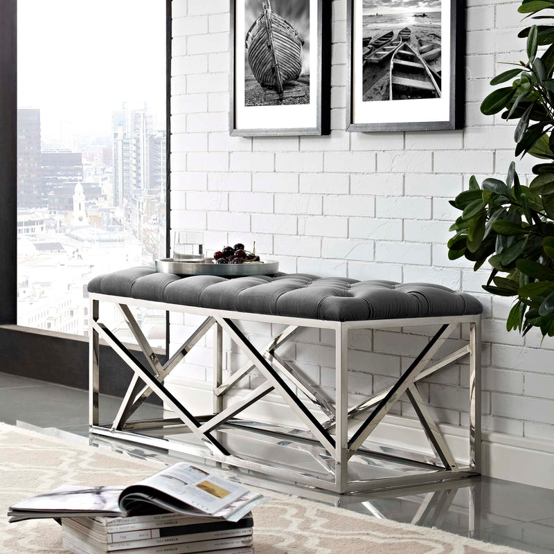 Intersperse Tufted Velvet Bench with Polished Stainless Steel Base - Modern Button-Tufted Bench in Sea Blue