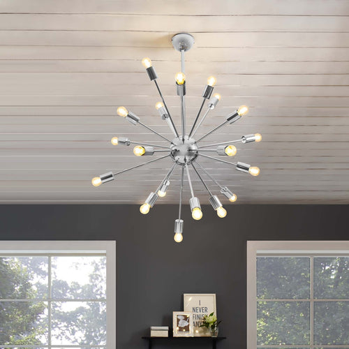 Volley Pendant Chandelier with 24 Lights - Mid-Century Modern Chrome-Plated Metal Ceiling Fixture