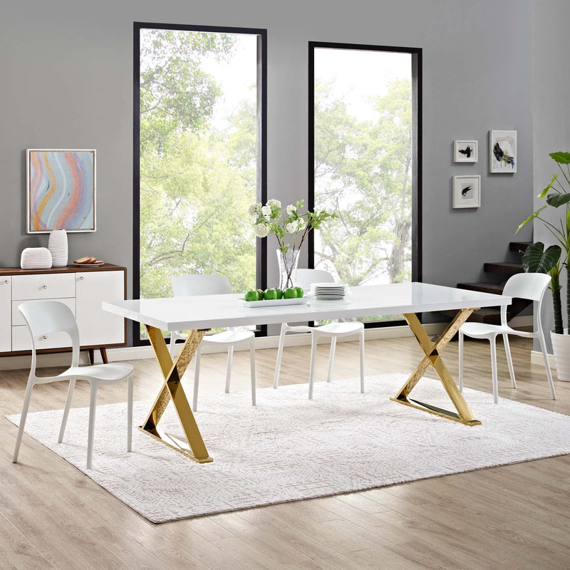 Sector Dining Table with Polished Gold Stainless Steel X-Base - Modern High Gloss White Dining Table