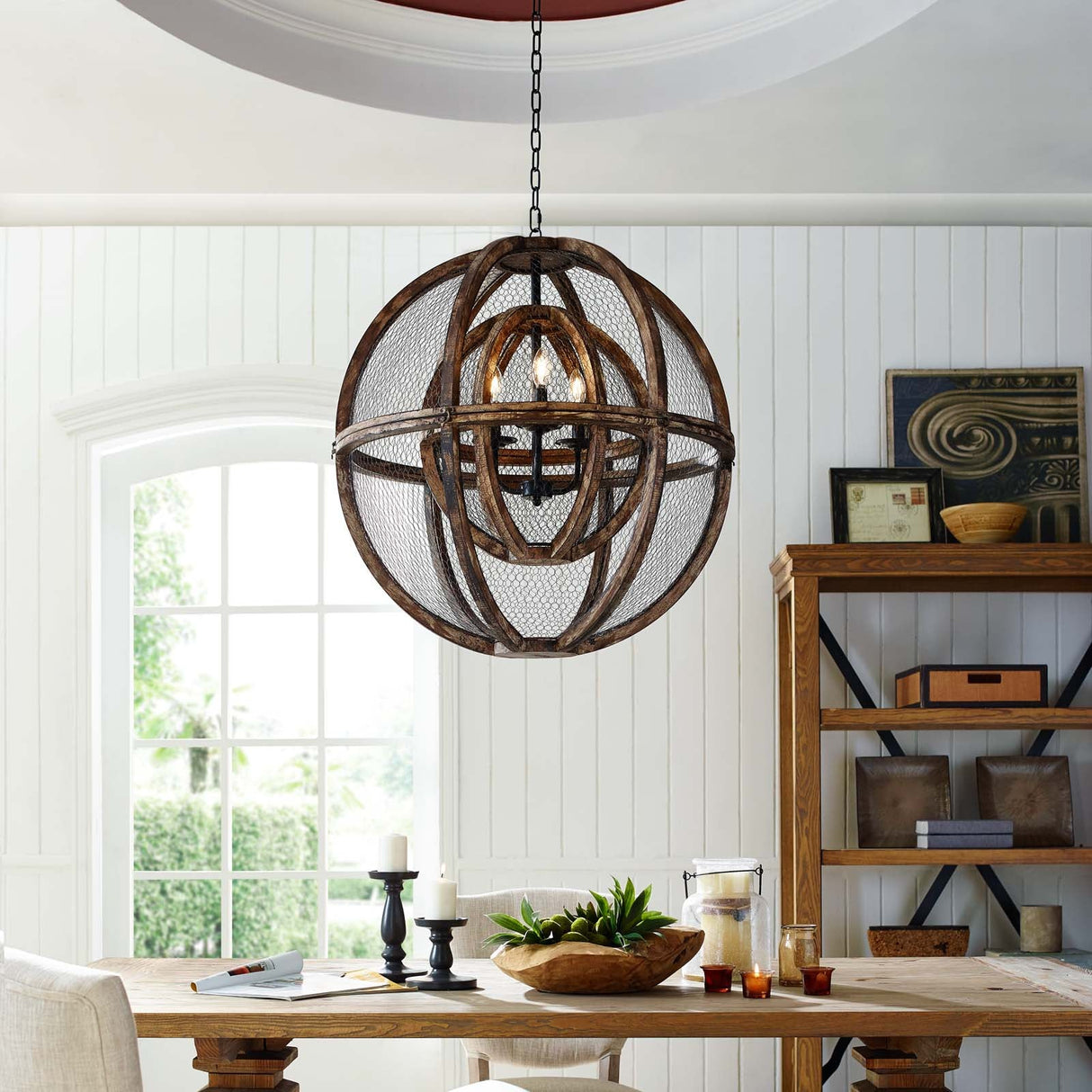 Gravitate Globe Rustic Oak Wood Pendant Light Chandelier - Modern Farmhouse & Entryway Statement