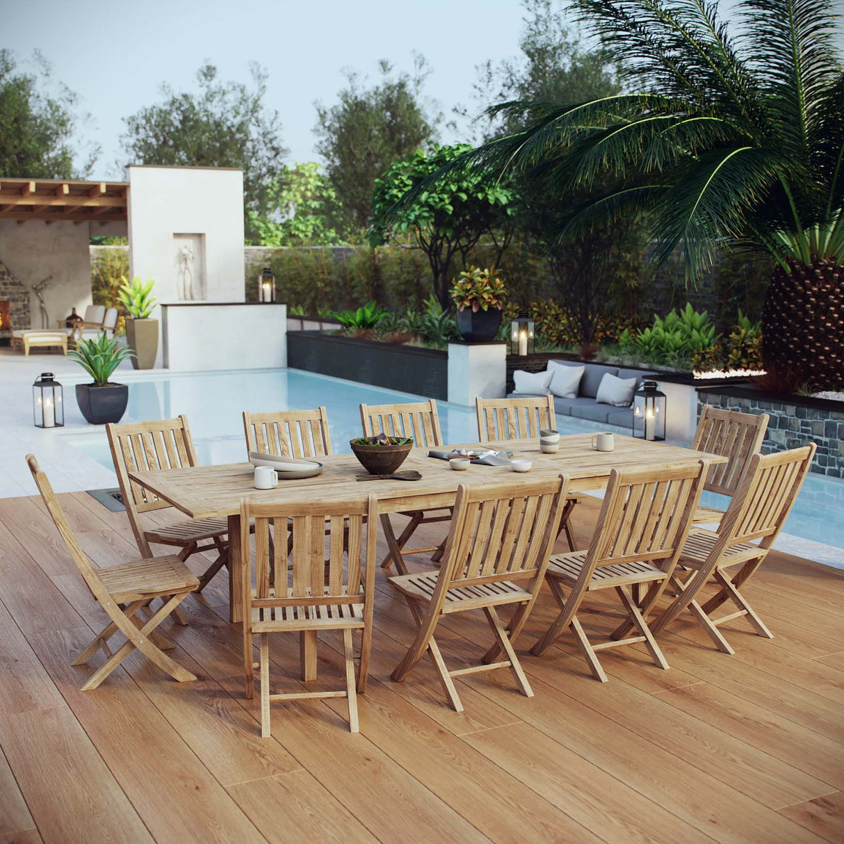 Marina 11 Piece Outdoor Patio Teak Dining Set - Contemporary Coastal & Weather-Resistant