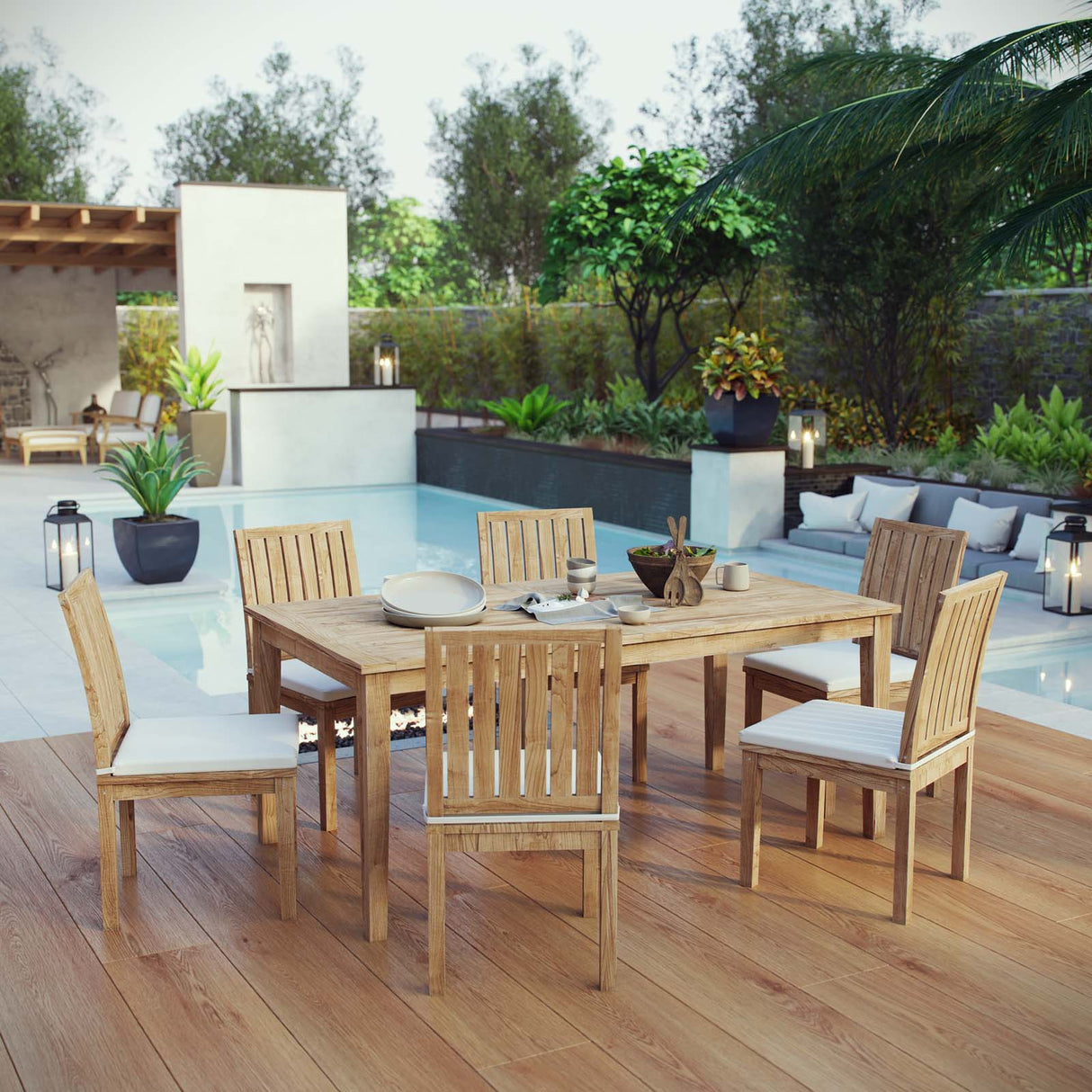 Marina 7 Piece Outdoor Patio Teak Dining Set - Modern Coastal & Weather-Resistant