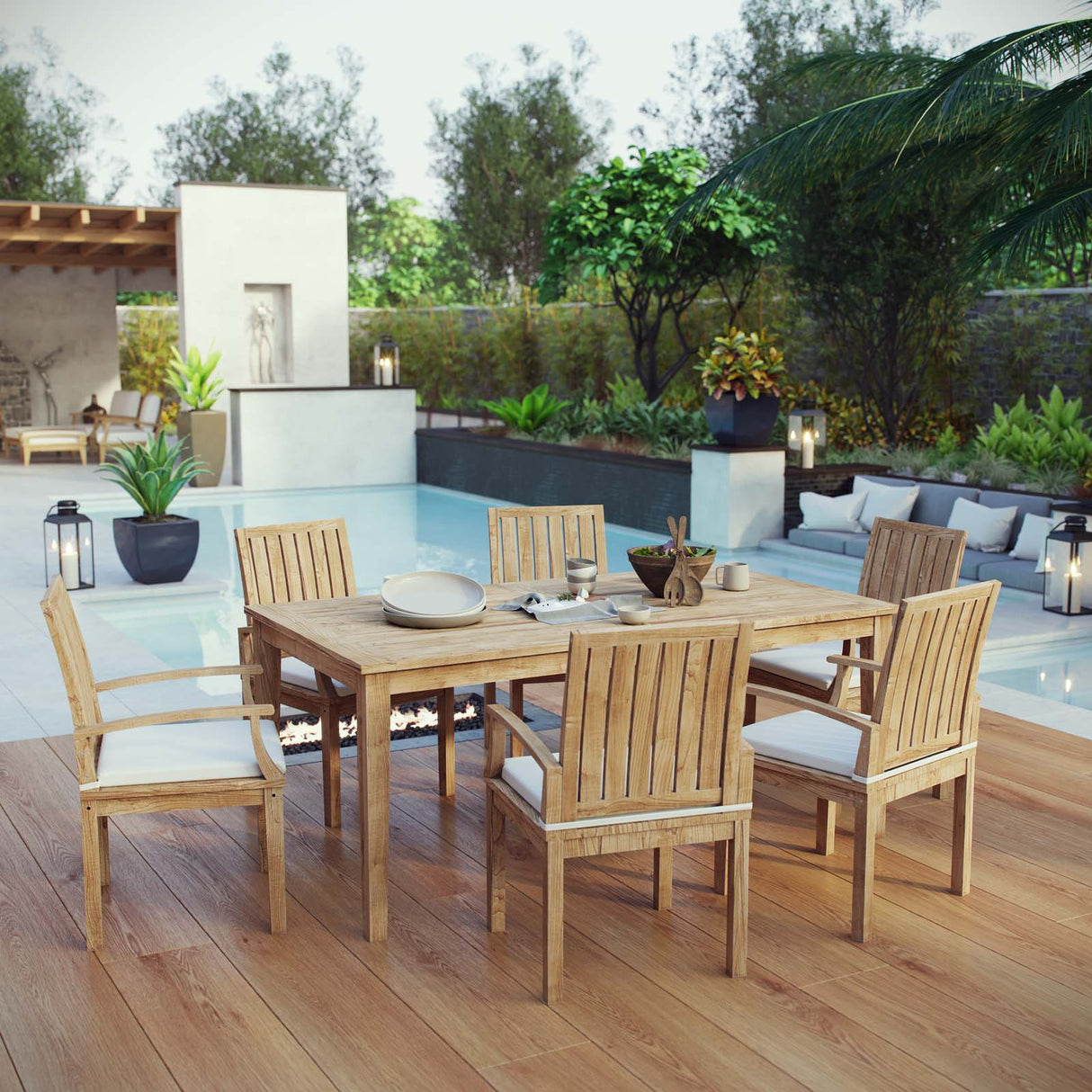 Marina 7 Piece Outdoor Patio Teak Dining Set - Coastal Modern & Weather-Resistant