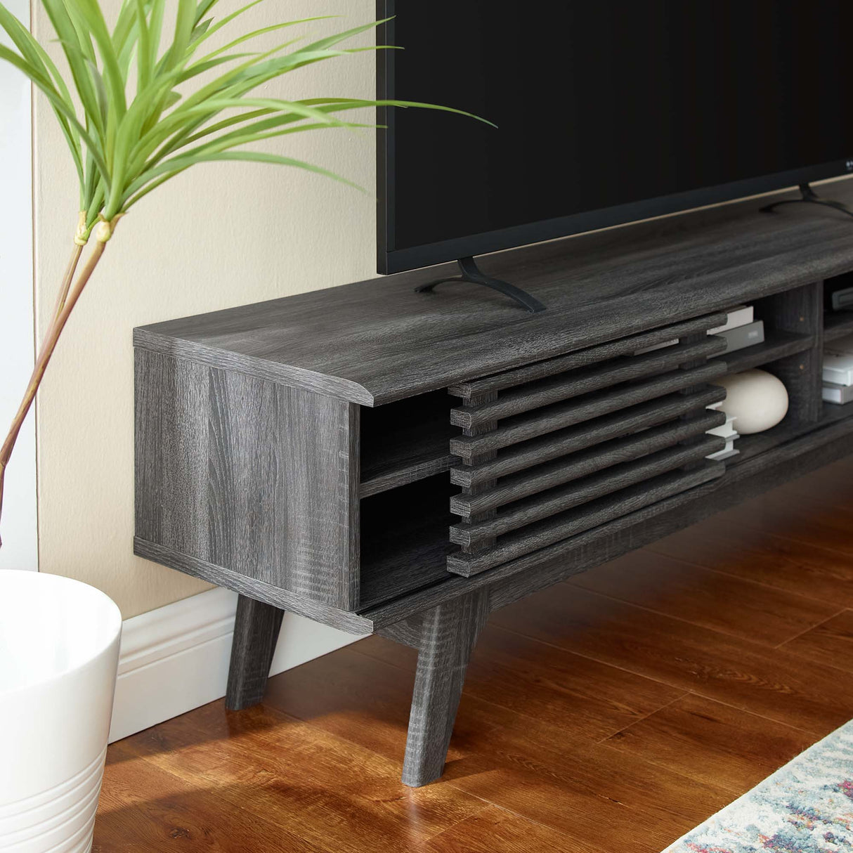 Render 70-Inch Entertainment Center TV Stand - Mid-Century Modern & Slatted Door Storage