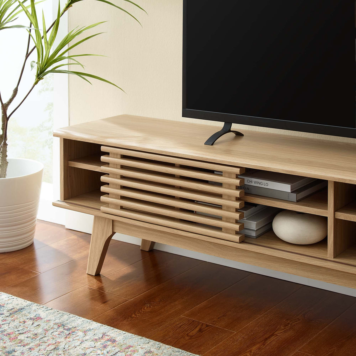 Render 70-Inch Entertainment Center TV Stand - Mid-Century Modern & Slatted Door Storage