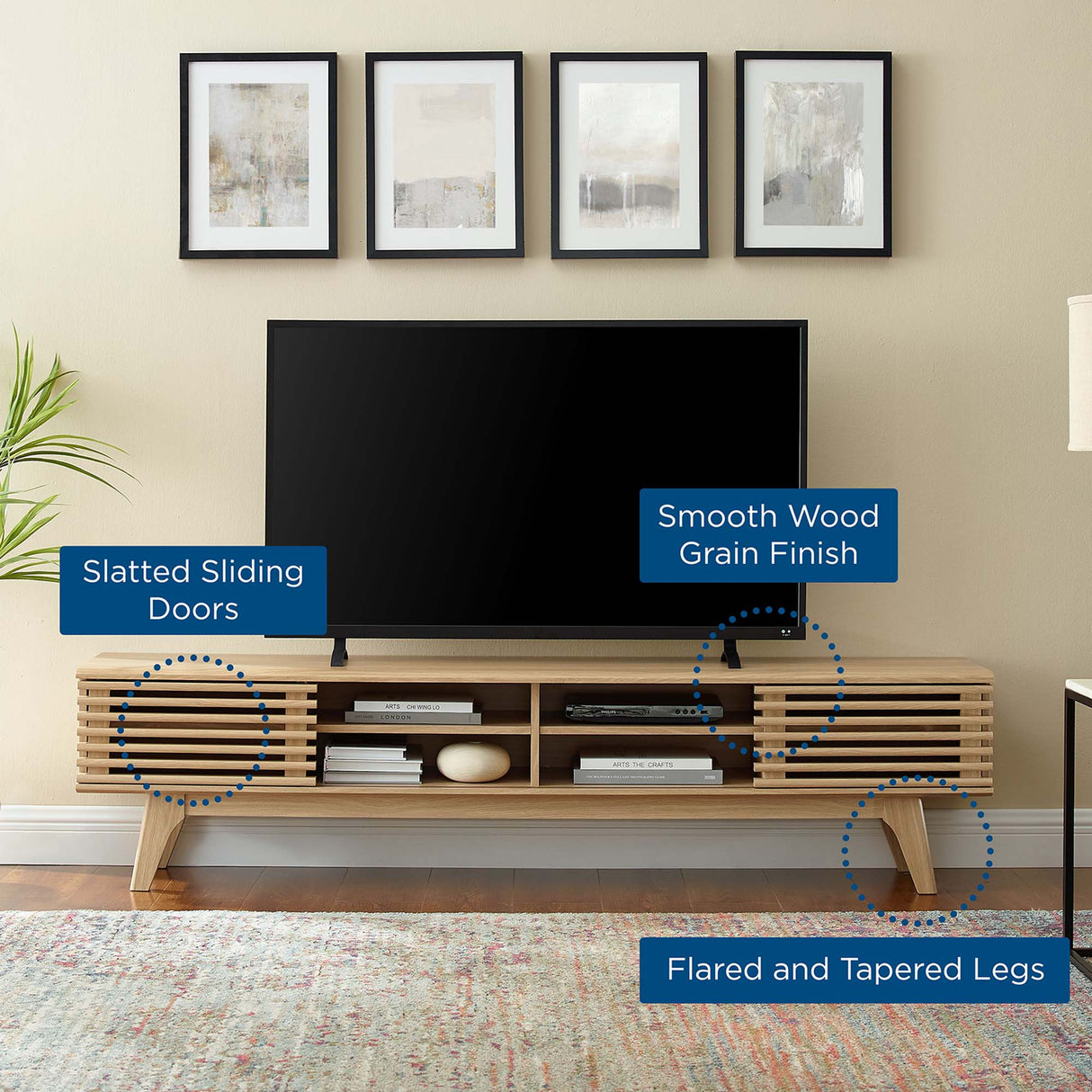 Render 70-Inch Entertainment Center TV Stand - Mid-Century Modern & Slatted Door Storage