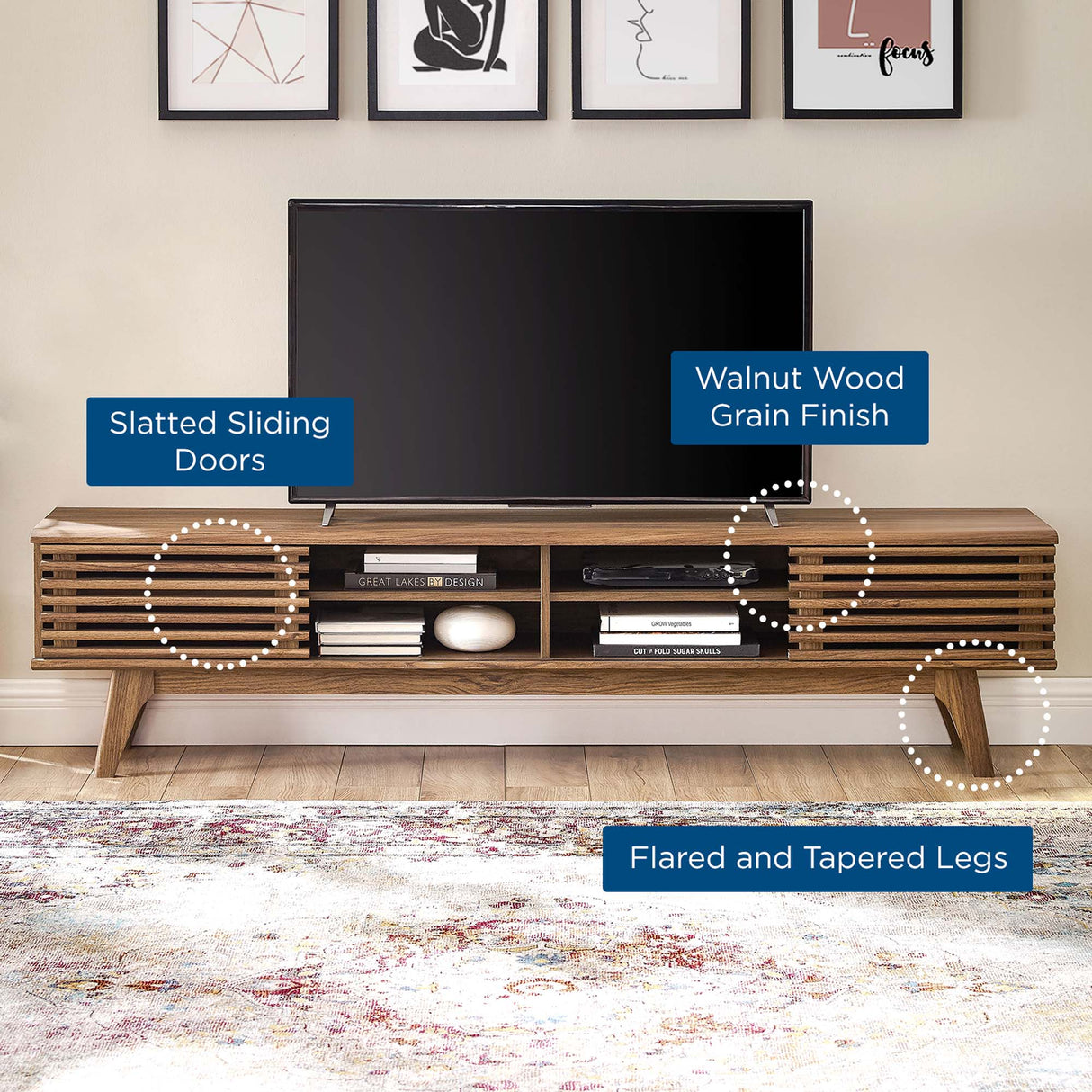 Render 70-Inch Entertainment Center TV Stand - Mid-Century Modern & Slatted Door Storage