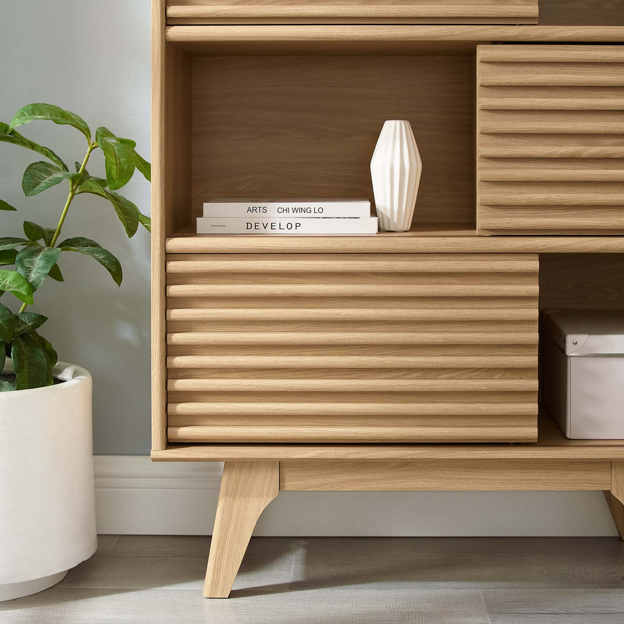 Render Three-Tier Display Storage Cabinet Stand - Mid-Century Modern & Versatile Living Room Storage