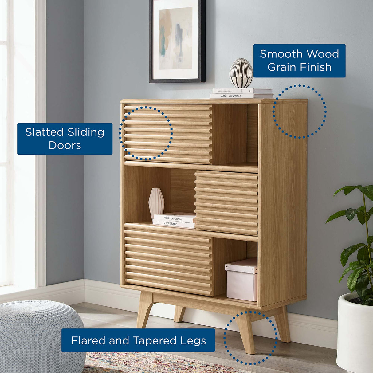Render Three-Tier Display Storage Cabinet Stand - Mid-Century Modern & Versatile Living Room Storage