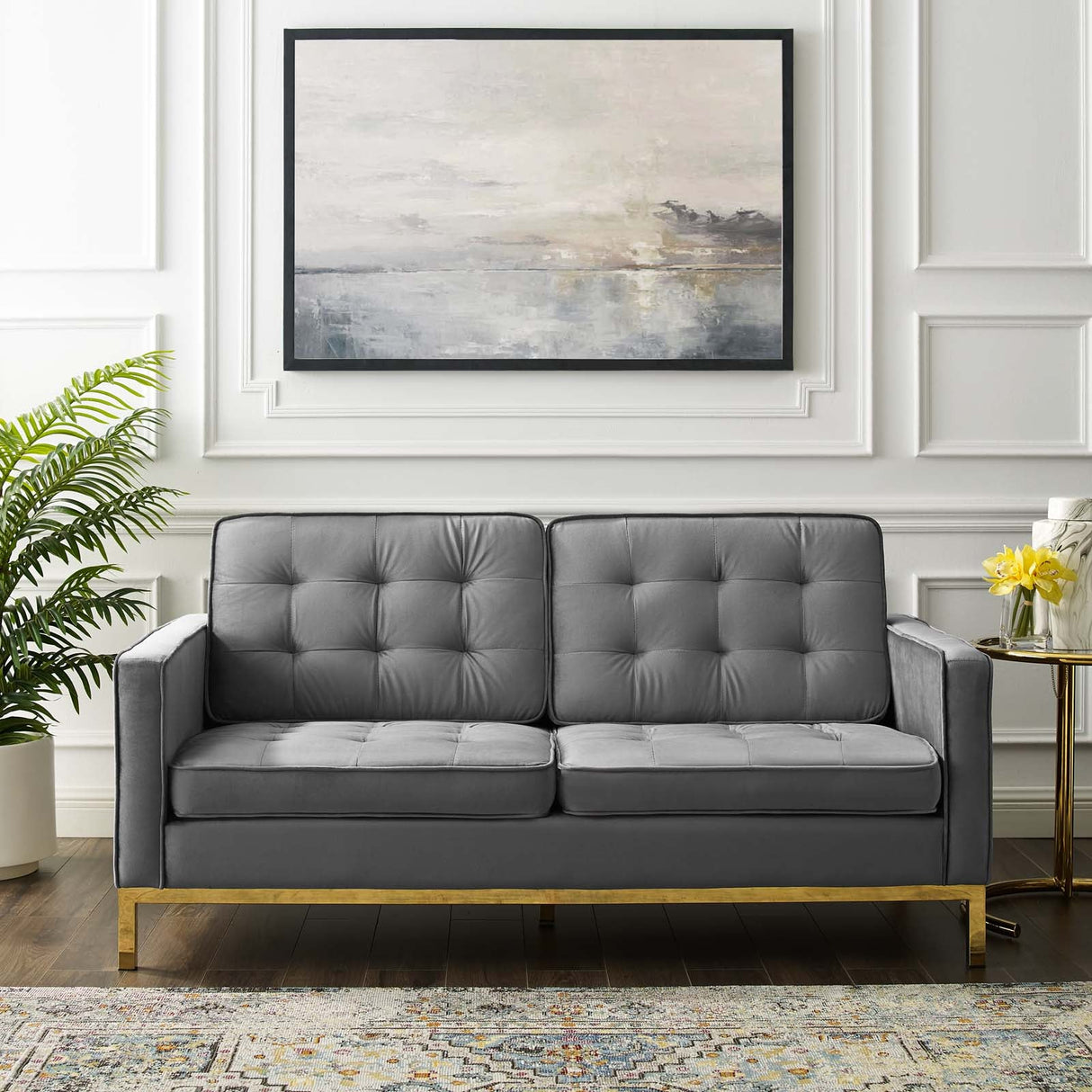 Loft Gold Stainless Steel Leg Performance Velvet Loveseat - Retro-Modern & Stain-Resistant Lounge Seating