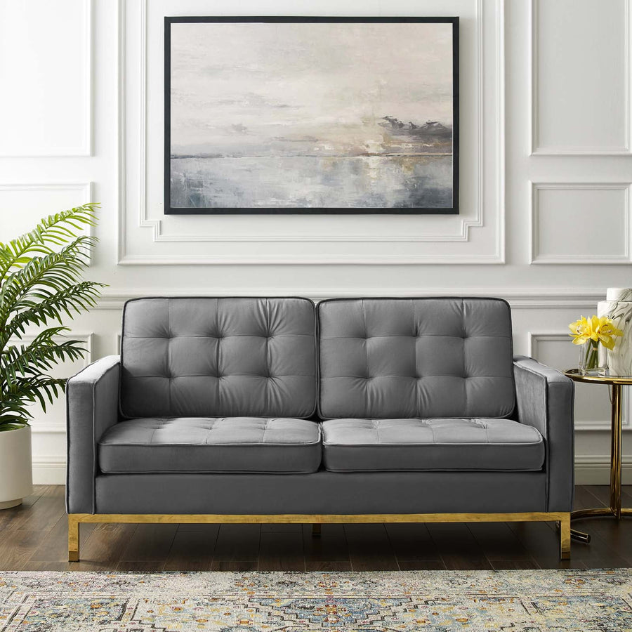 Loft Gold Stainless Steel Leg Performance Velvet Loveseat - Retro-Modern & Stain-Resistant Lounge Seating