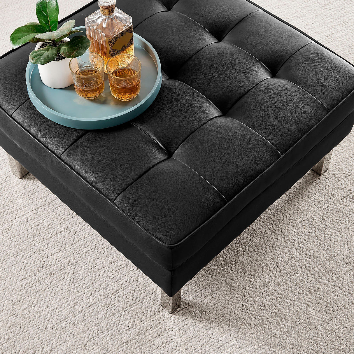 Loft Tufted Vegan Leather Ottoman - Mid-Century Modern & Stainless Steel Base