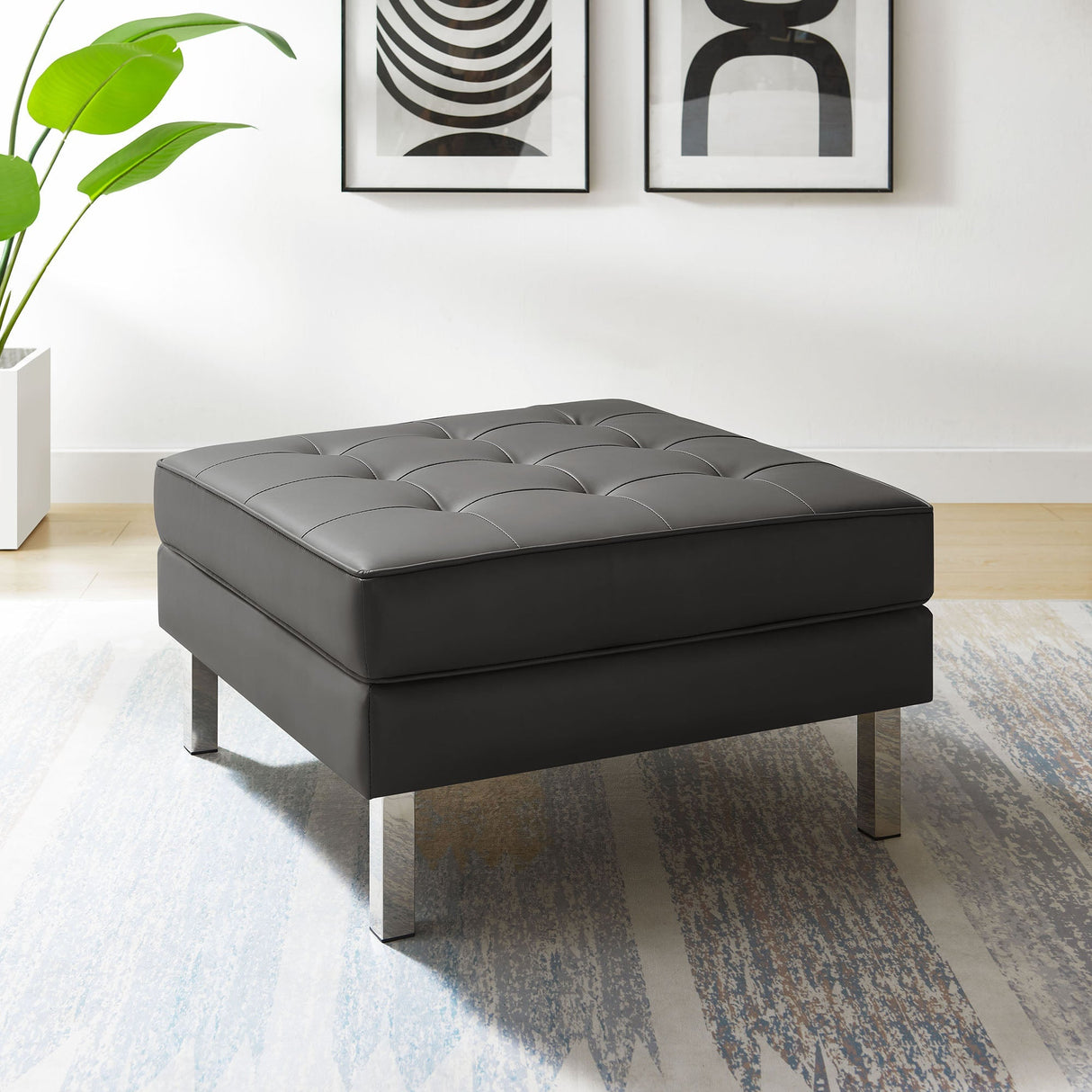 Loft Tufted Vegan Leather Ottoman - Mid-Century Modern & Stainless Steel Base