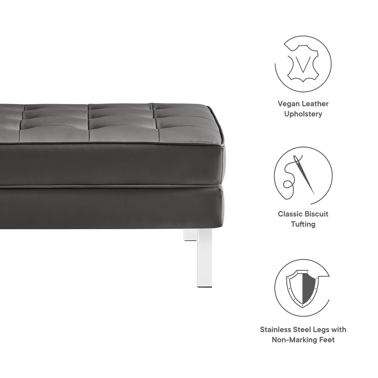 Loft Tufted Vegan Leather Ottoman - Mid-Century Modern & Stainless Steel Base