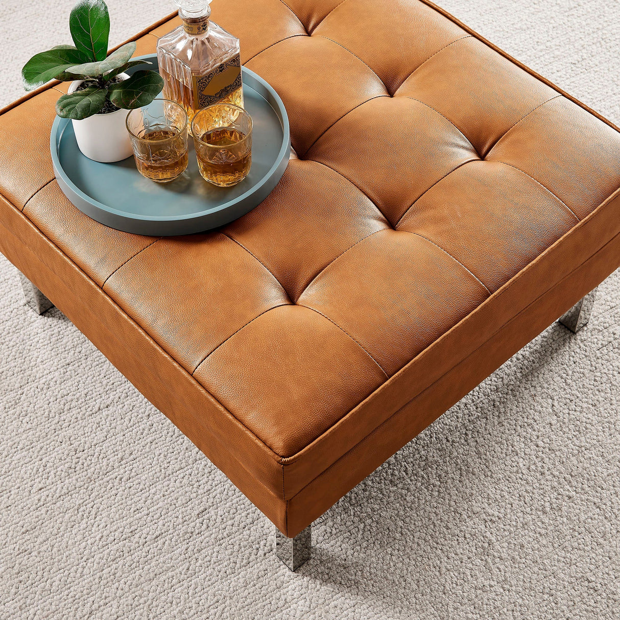 Loft Tufted Vegan Leather Ottoman - Mid-Century Modern & Stainless Steel Base