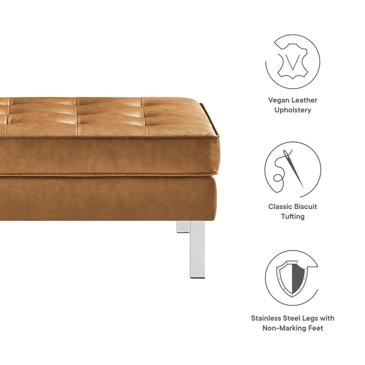 Loft Tufted Vegan Leather Ottoman - Mid-Century Modern & Stainless Steel Base