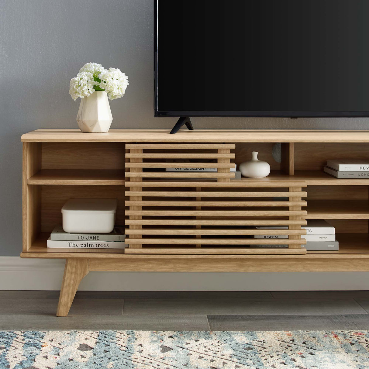 Render 71" Media Console TV Stand - Mid-Century Modern & Slatted Sliding Doors