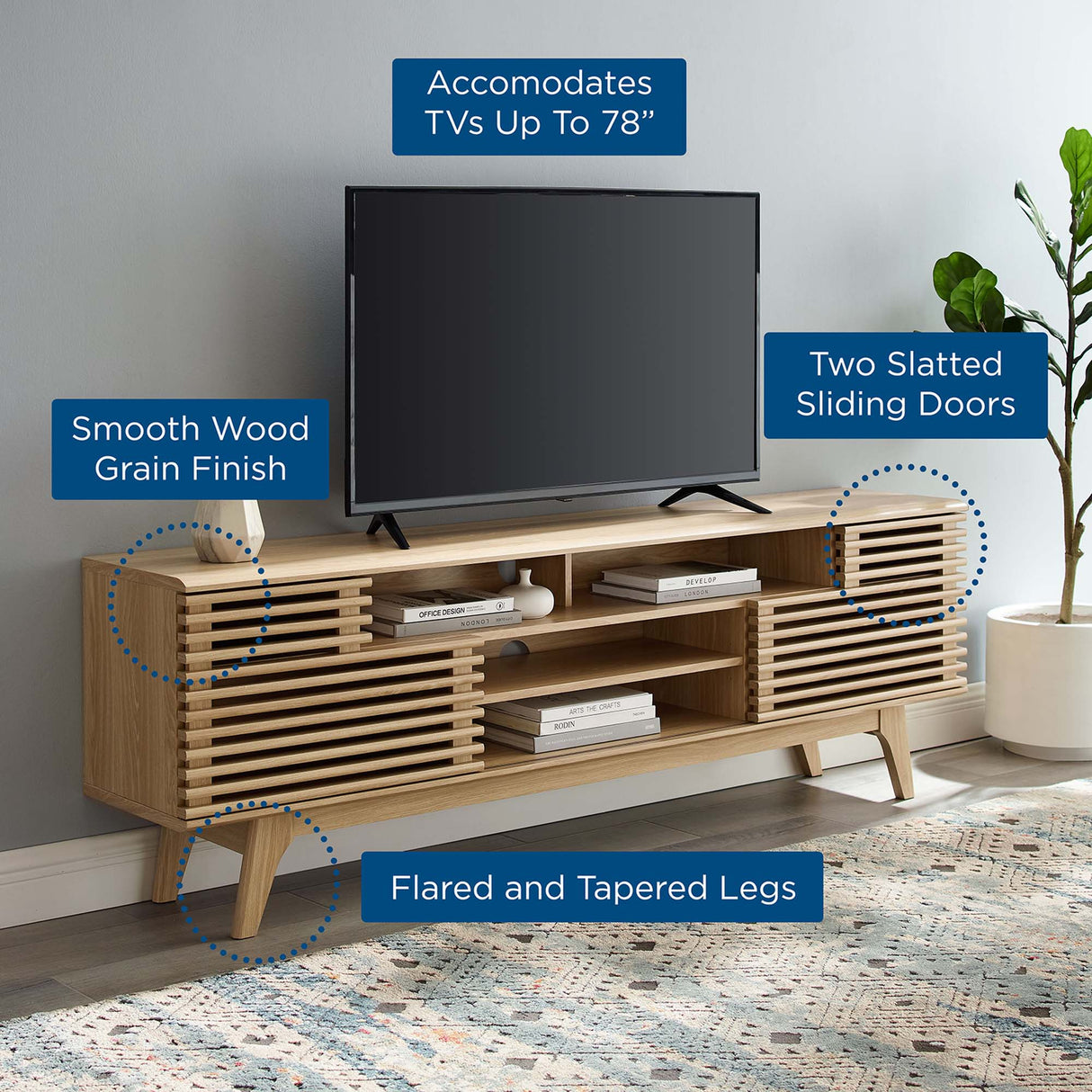 Render 71" Media Console TV Stand - Mid-Century Modern & Slatted Sliding Doors