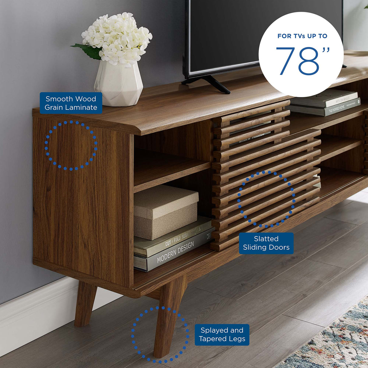 Render 71" Media Console TV Stand - Mid-Century Modern & Slatted Sliding Doors