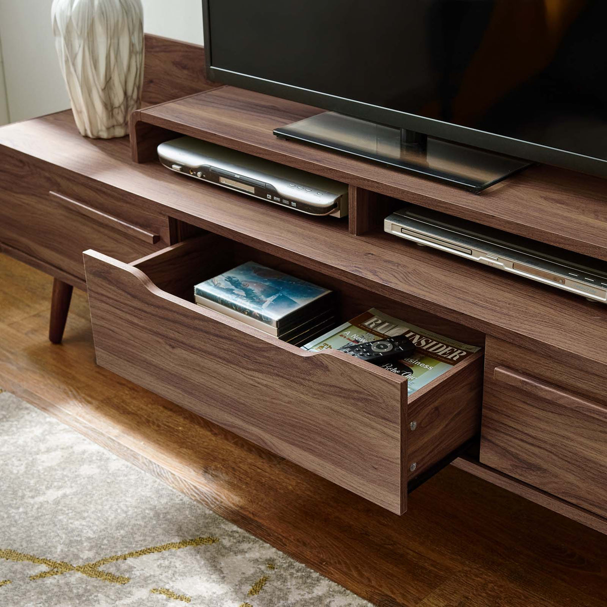 Omnistand 74 Inch Entertainment Center TV Stand - Mid-Century Modern & Walnut Grain