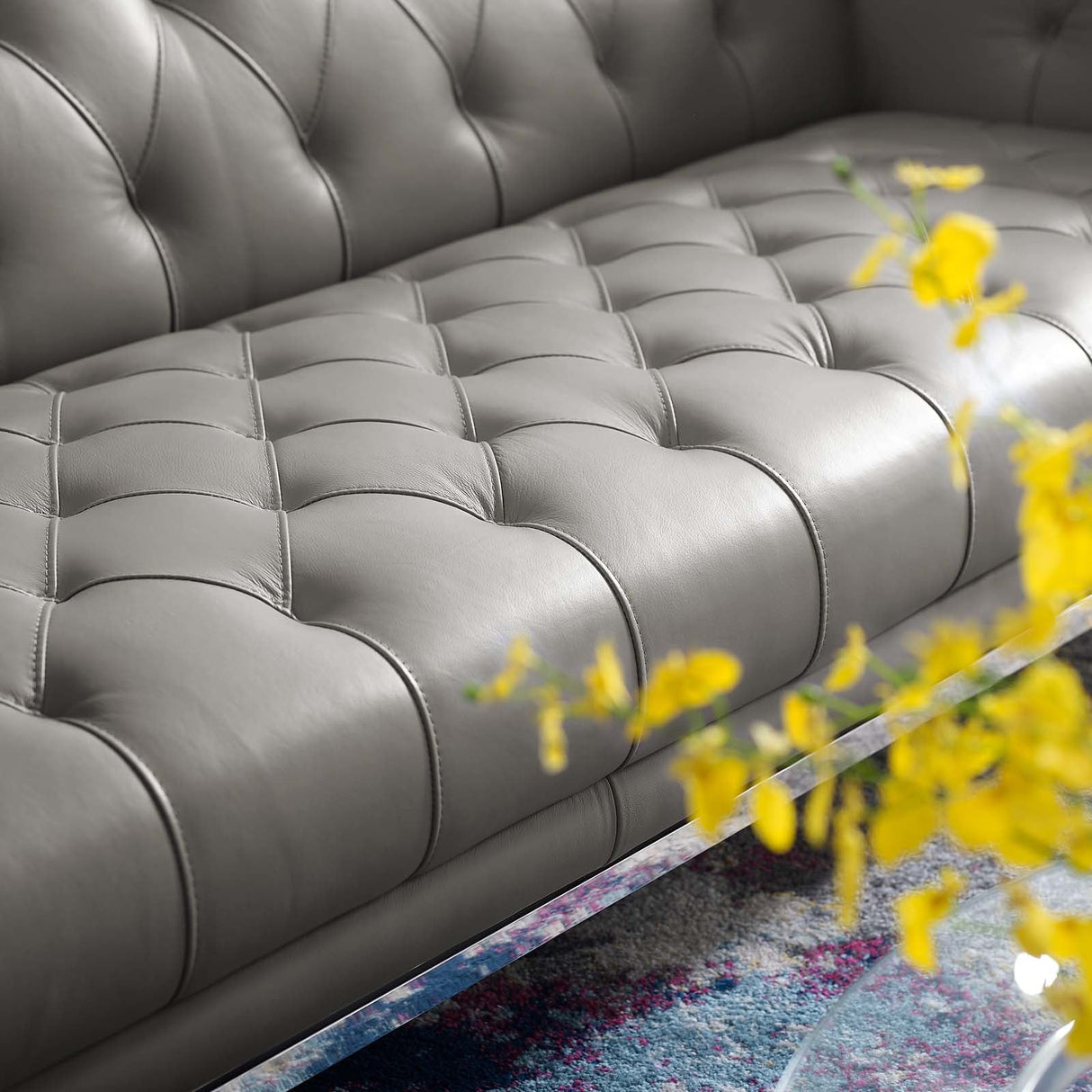 Idyll Tufted Button Upholstered Leather Chesterfield Sofa - Vintage Glam & Large Living Room Seating