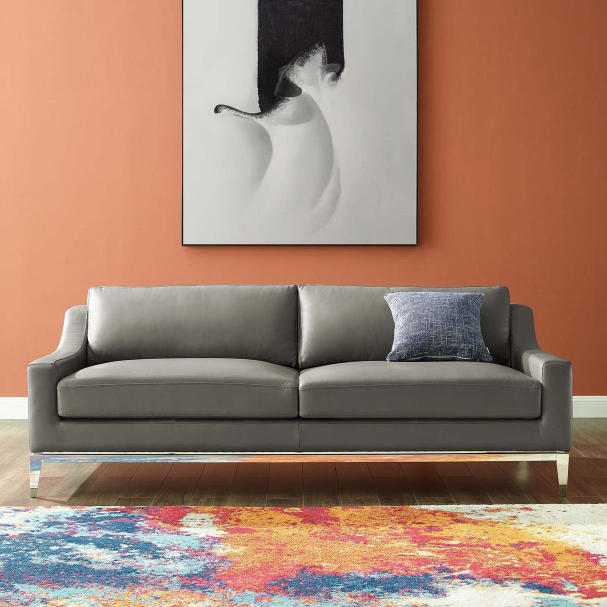 Harness 83.5" Leather Sofa - Mid-Century Modern & Stainless Steel Base