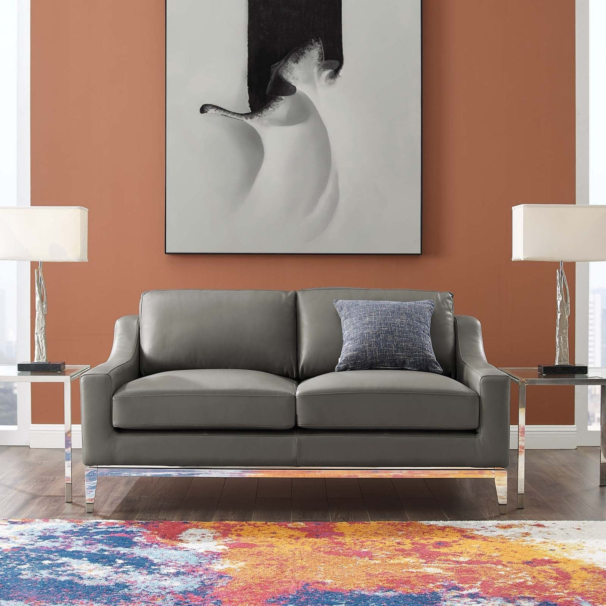 Harness 64" Stainless Steel Base Leather Loveseat - Modern Industrial & Premium Padded Comfort