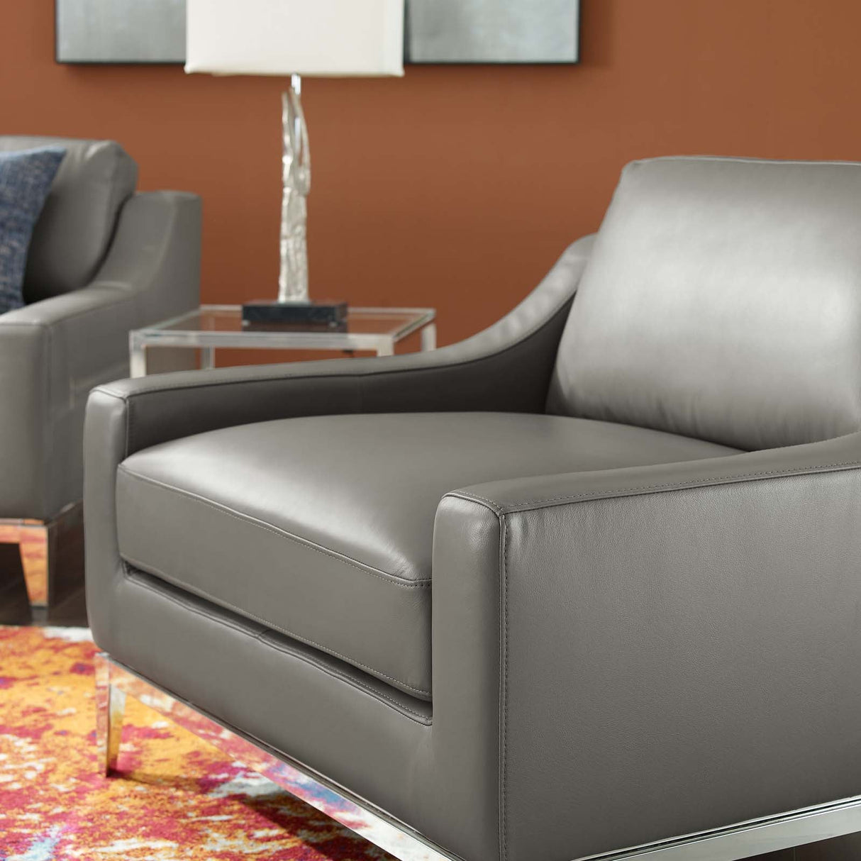 Harness Stainless Steel Base Leather Armchair - Mid-Century Modern & Polished Chrome Support