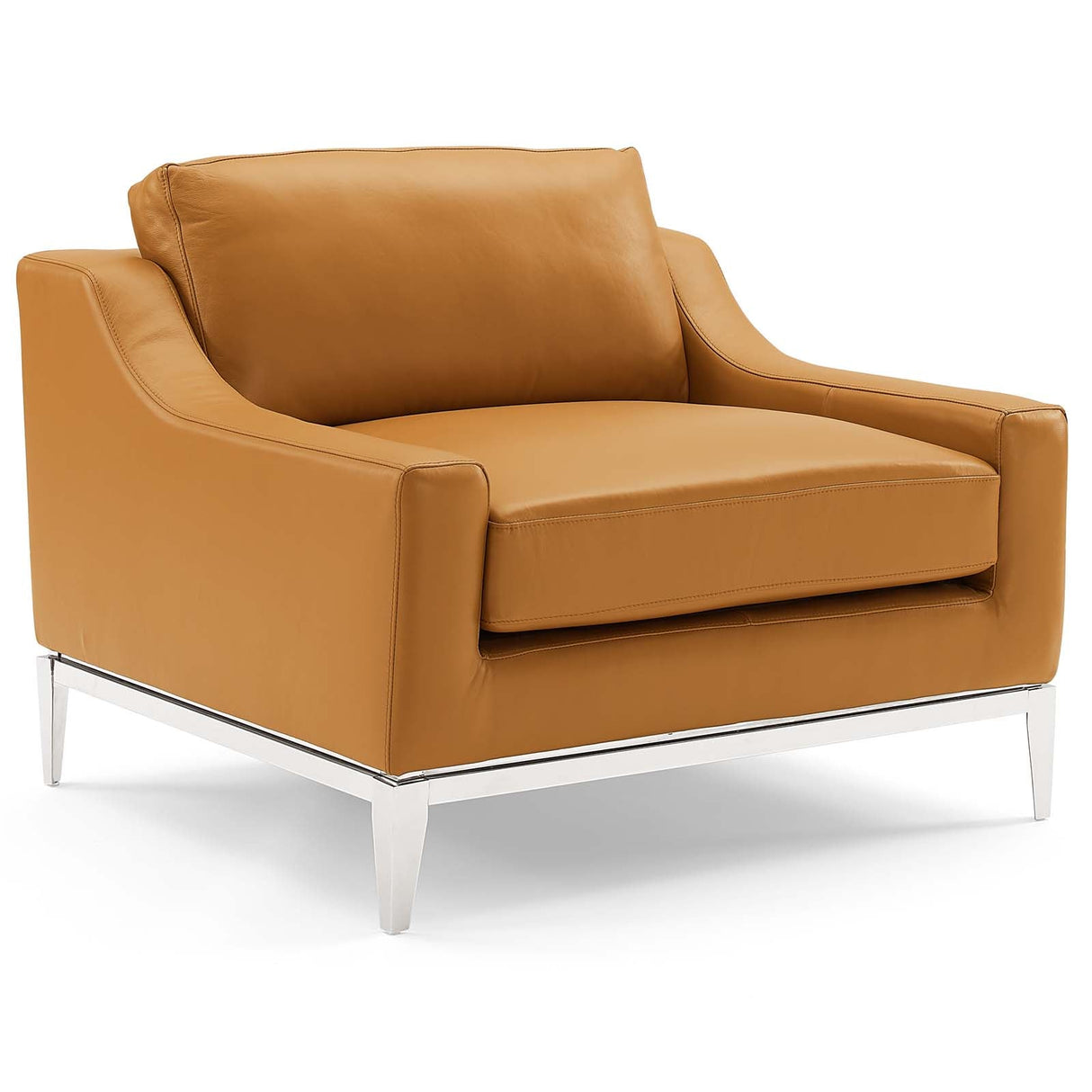 Harness Stainless Steel Base Leather Armchair - Mid-Century Modern & Polished Chrome Support