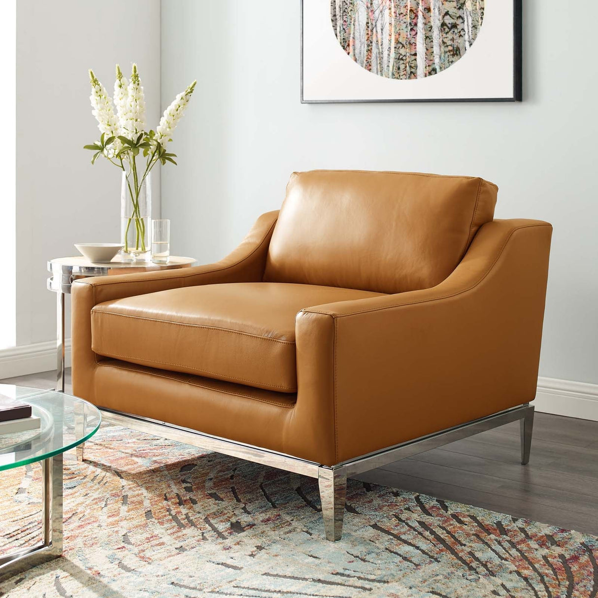 Harness Stainless Steel Base Leather Armchair - Mid-Century Modern & Polished Chrome Support