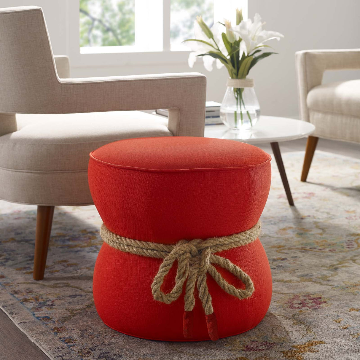 Beat Nautical Rope Upholstered Fabric Ottoman - Coastal Modern & Versatile Footstool
