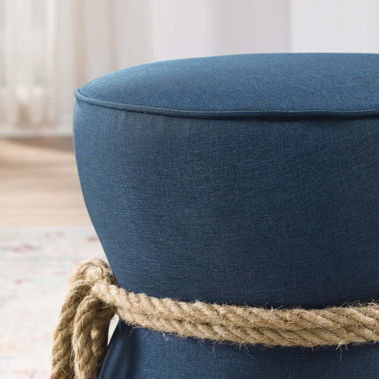 Beat Nautical Rope Upholstered Fabric Ottoman - Coastal Modern & Versatile Footstool